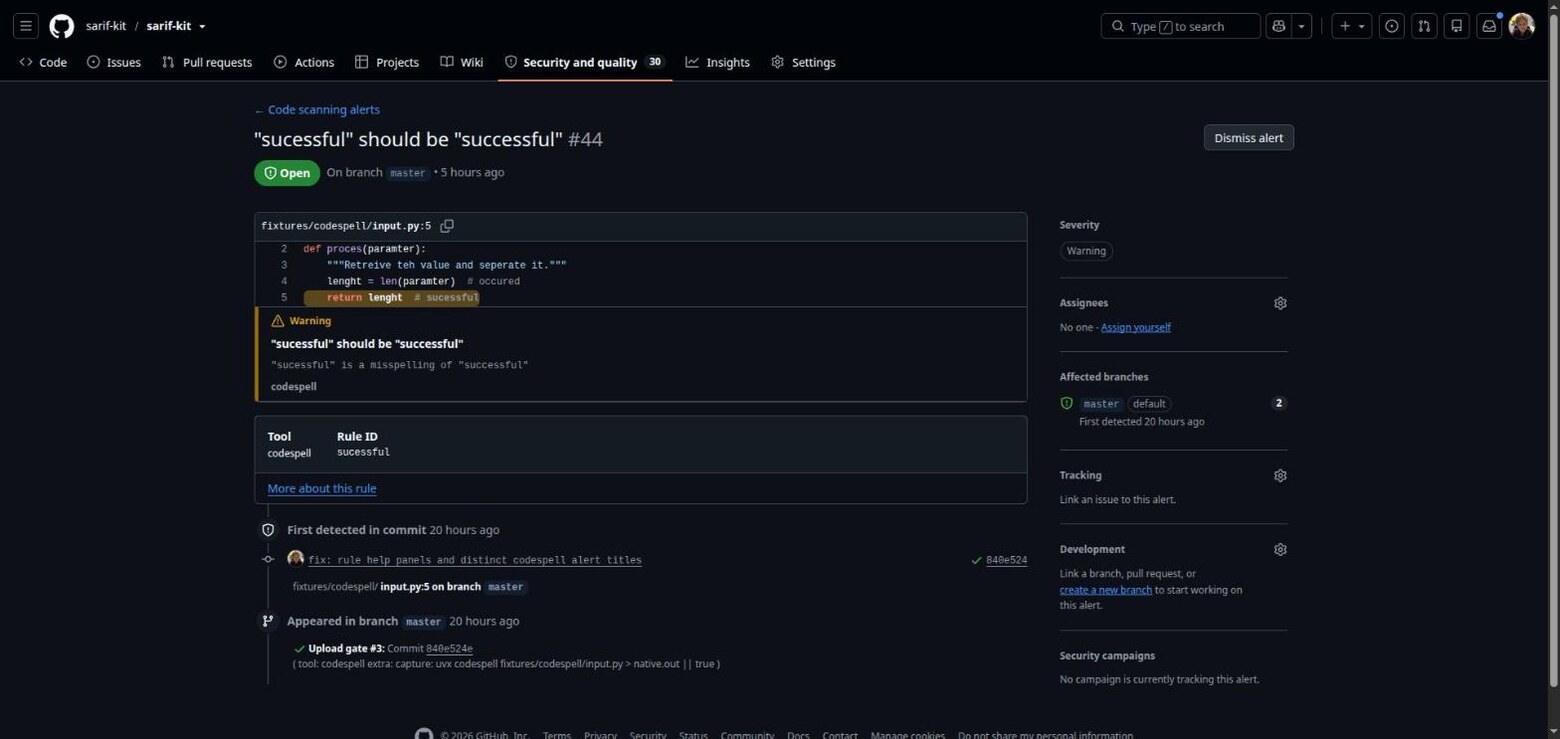 A codespell finding rendered as a GitHub Code Scanning alert
