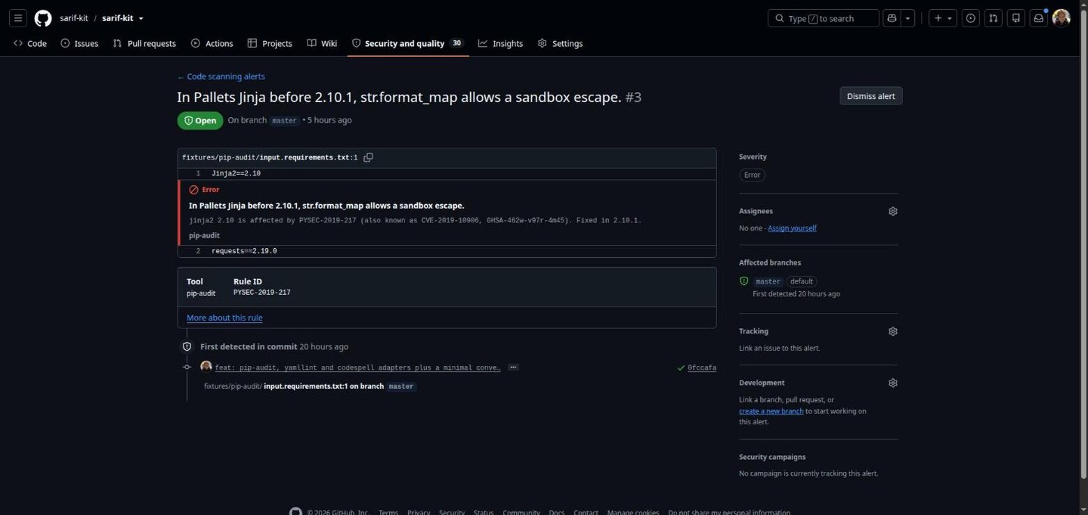 A pip-audit finding rendered as a GitHub Code Scanning alert