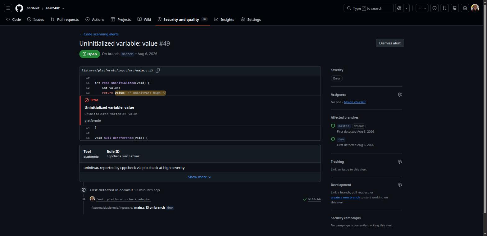 A pio check finding rendered as a GitHub Code Scanning alert
