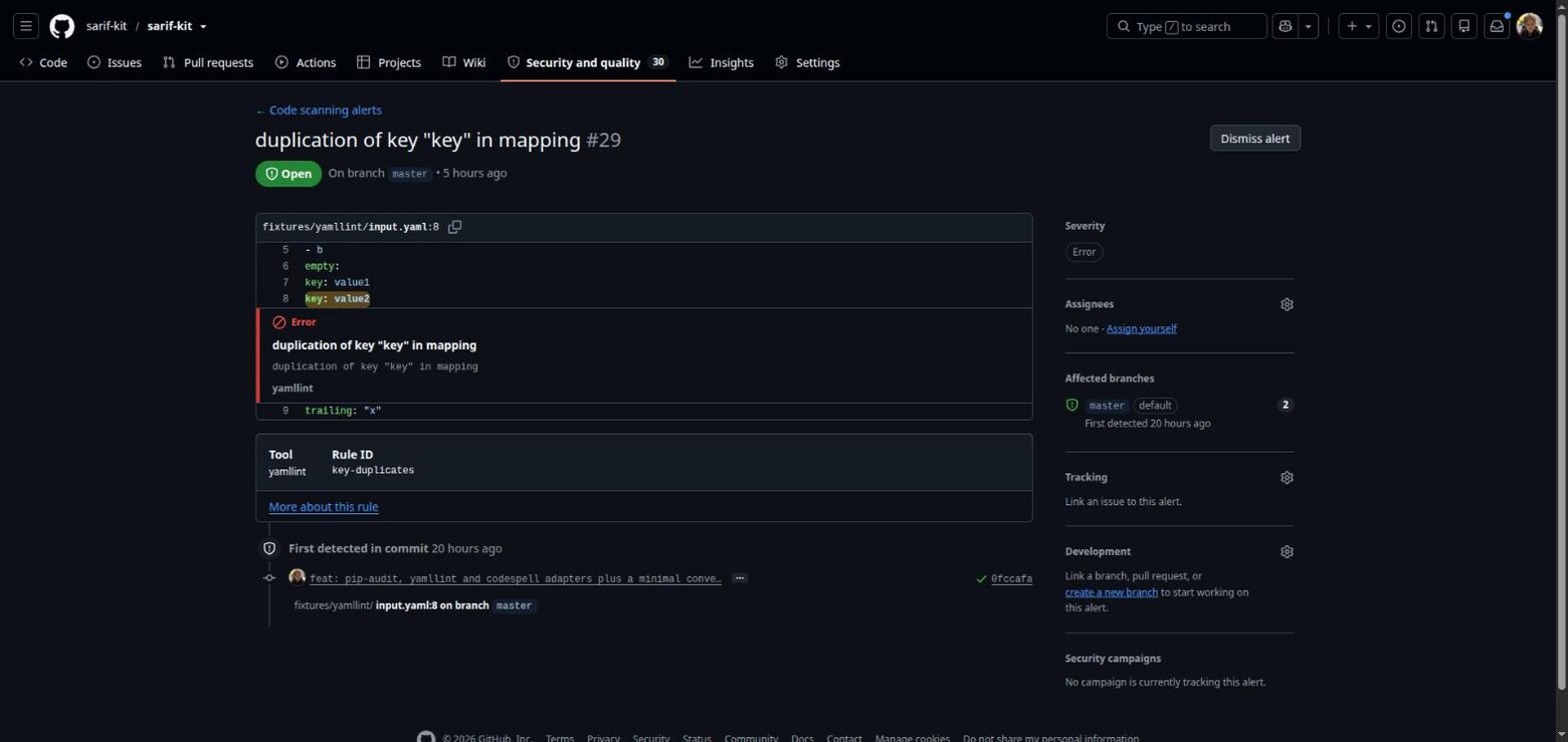 A yamllint finding rendered as a GitHub Code Scanning alert